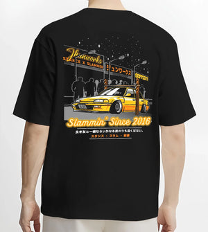 Black T-shirt worn by a male model, back view, featuring Honda rs type r racing motorsport jdm street performance graphic.