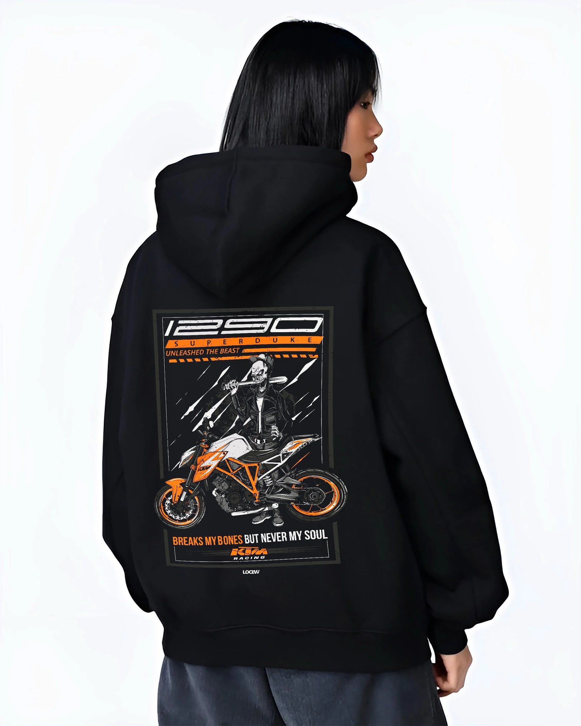 Black hoodie worn by a female model, back view, featuring KTM racing street beast performance motorsport automotive graphic.