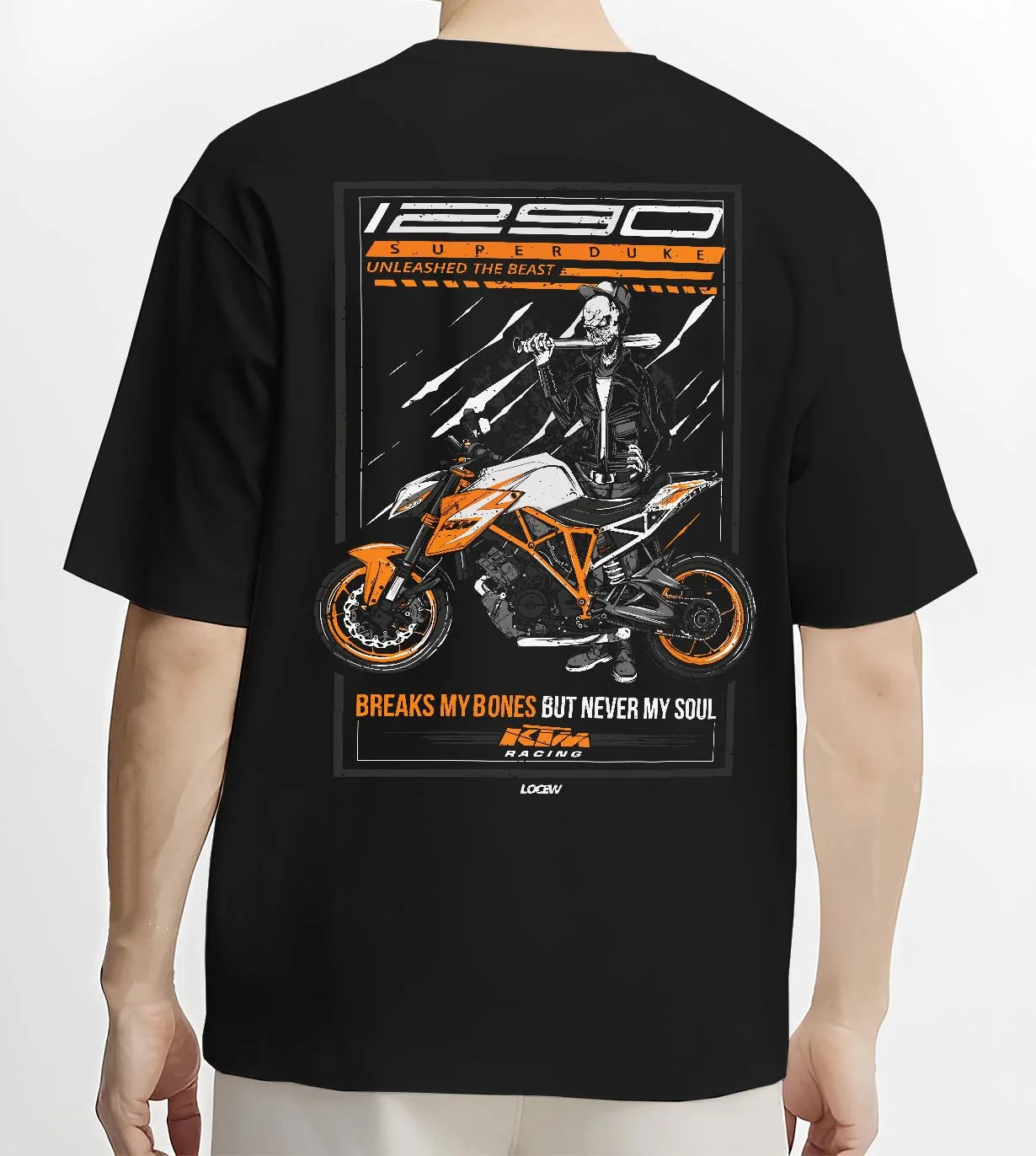 Black T-shirt worn by a male model, back view, featuring KTM racing street beast performance motorsport automotive graphic.
