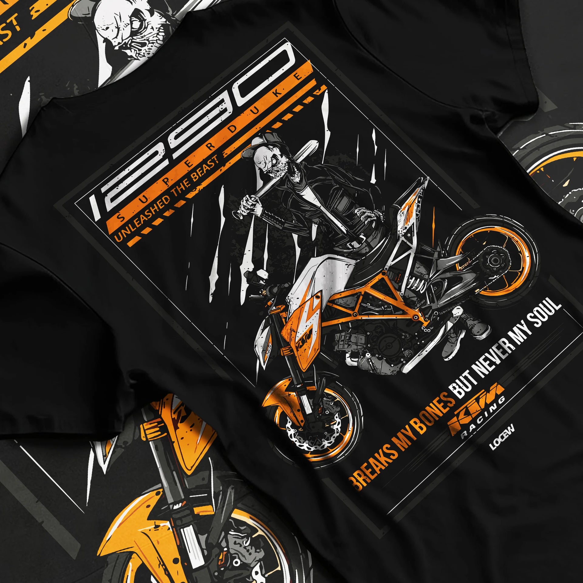 Black T-shirt laid flat with natural fabric folds, featuring KTM racing street beast performance motorsport automotive graphic.