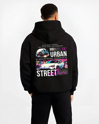Black hoodie worn by a male model, back view, featuring racing japanese street retro performance motorsport automotive graphic.