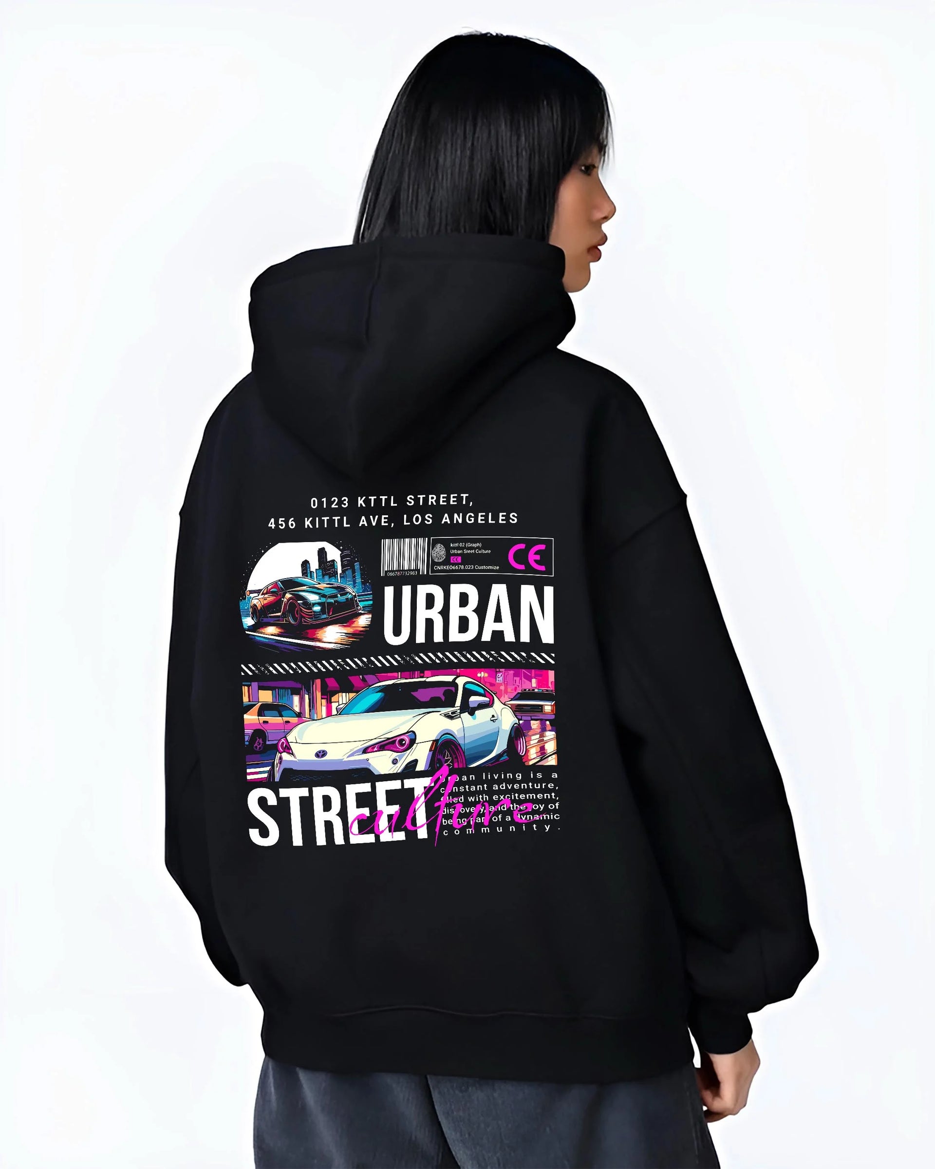 Black hoodie worn by a female model, back view, featuring racing japanese street retro performance motorsport automotive graphic.