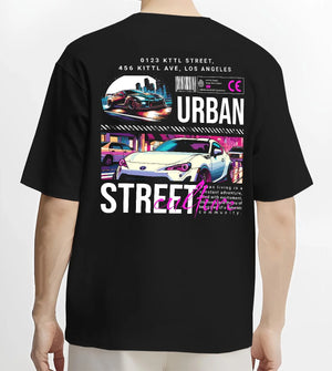 Black T-shirt worn by a male model, back view, featuring racing japanese street retro performance motorsport automotive graphic.