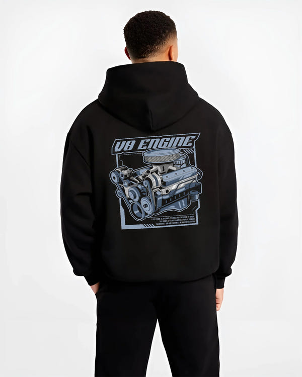 Black hoodie worn by a male model, back view, featuring rs v8 muscle street racing performance motorsport automotive graphic.