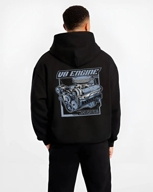 Black hoodie worn by a male model, back view, featuring rs v8 muscle street racing performance motorsport automotive graphic.
