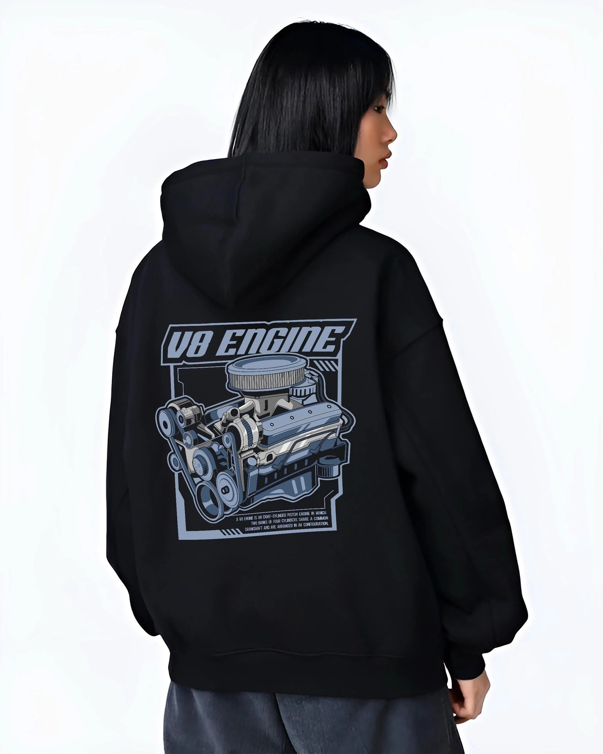 Black hoodie worn by a female model, back view, featuring rs v8 muscle street racing performance motorsport automotive graphic.