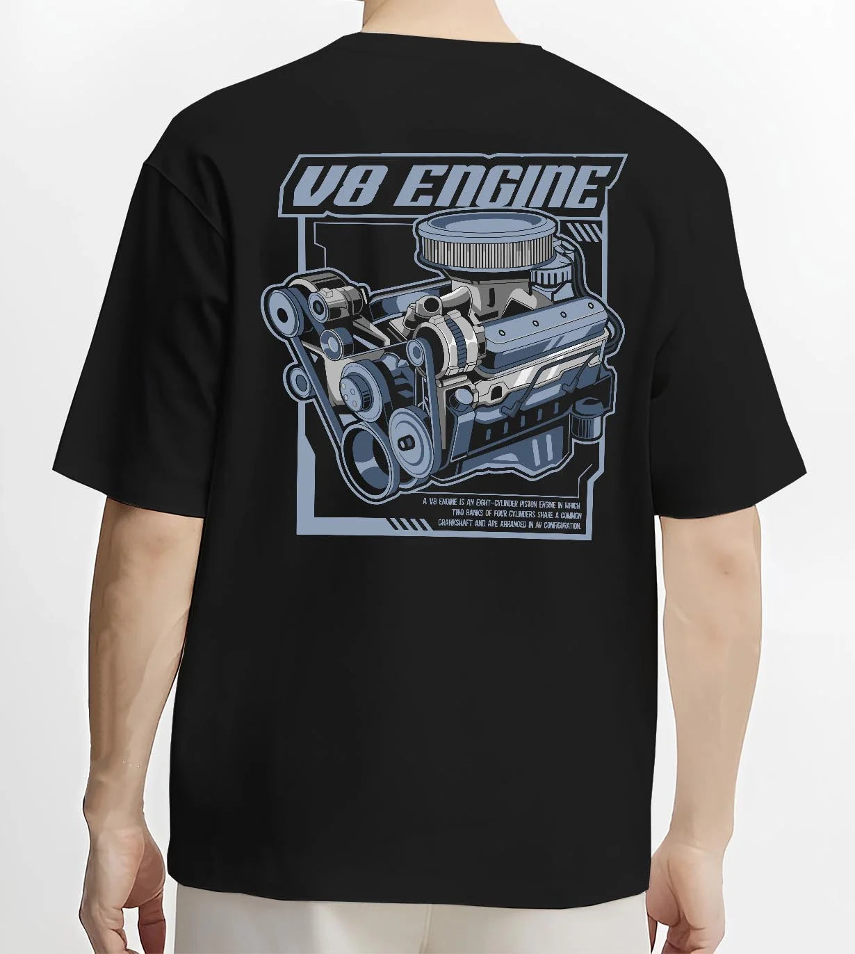 Black T-shirt worn by a male model, back view, featuring rs v8 muscle street racing performance motorsport automotive graphic.