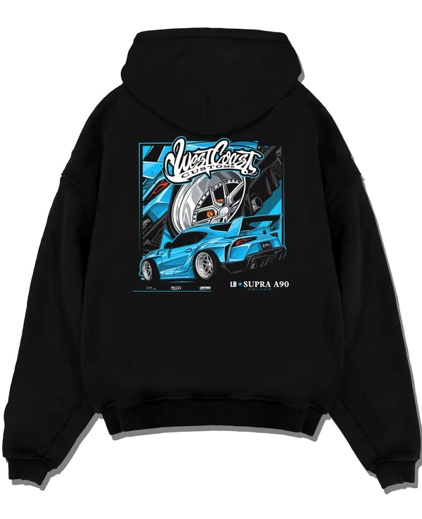 Black pullover hoodie laid flat on a white background, featuring Toyota Supra racing jdm tuning street enthusiast graphic.