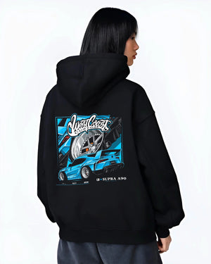 Black hoodie worn by a female model, back view, featuring Toyota Supra racing jdm tuning street enthusiast performance graphic.