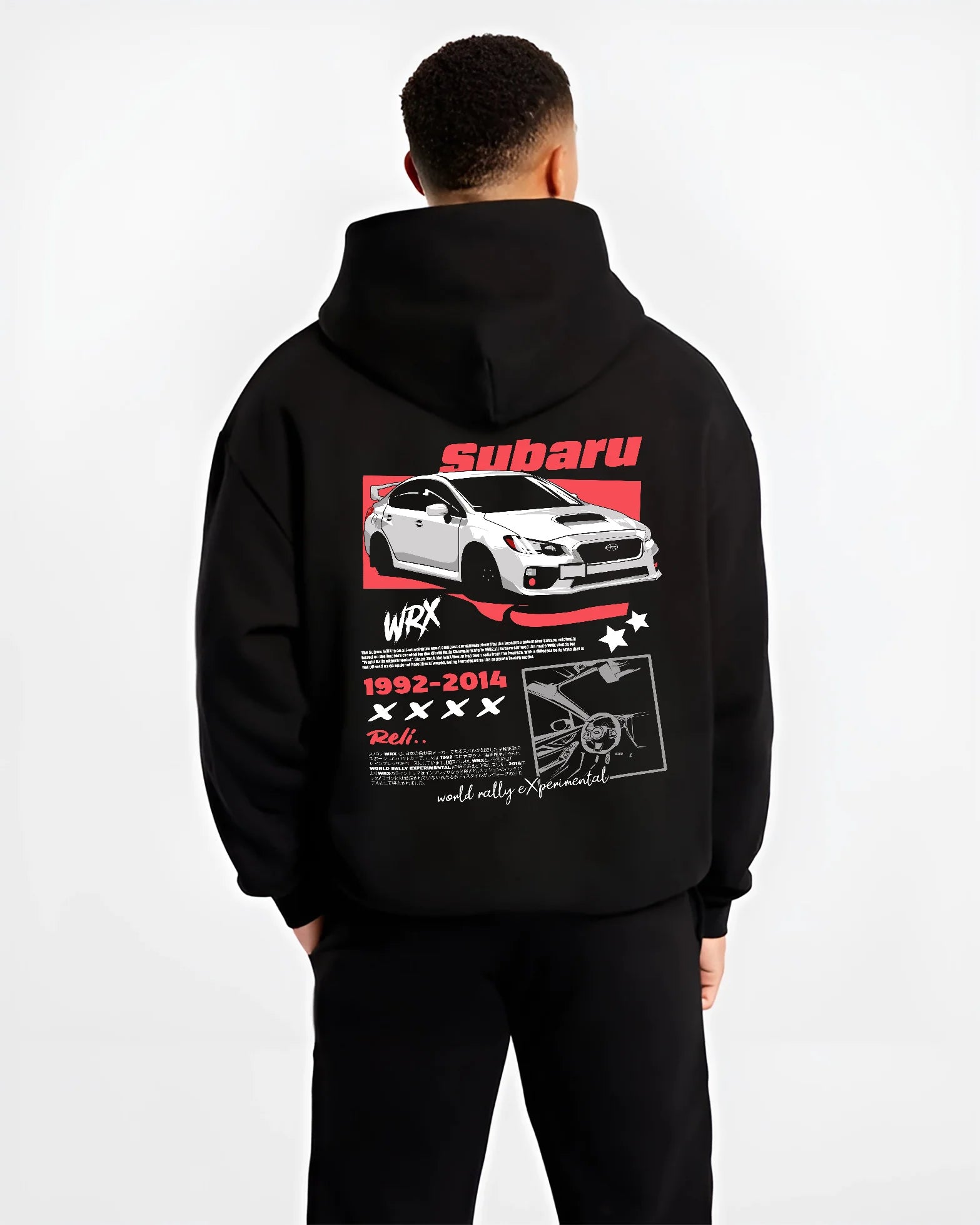 Black hoodie worn by a male model, back view, featuring Subaru WRX STI sti wrx turbo turbocharged racing rally japanese graphic.
