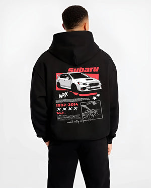 Black hoodie worn by a male model, back view, featuring Subaru WRX STI sti wrx turbo turbocharged racing rally japanese graphic.