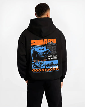 Black hoodie worn by a male model, back view, featuring Subaru WRX STI sti wrx turbo racing drift rally jdm japanese street graphic.