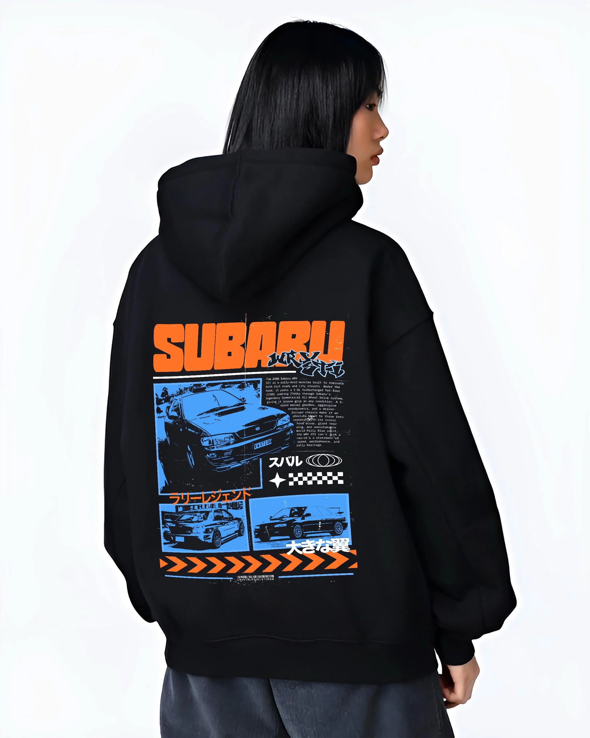Black hoodie worn by a female model, back view, featuring Subaru WRX STI sti wrx turbo racing drift rally jdm japanese graphic.