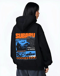 Black hoodie worn by a female model, back view, featuring Subaru WRX STI sti wrx turbo racing drift rally jdm japanese graphic.