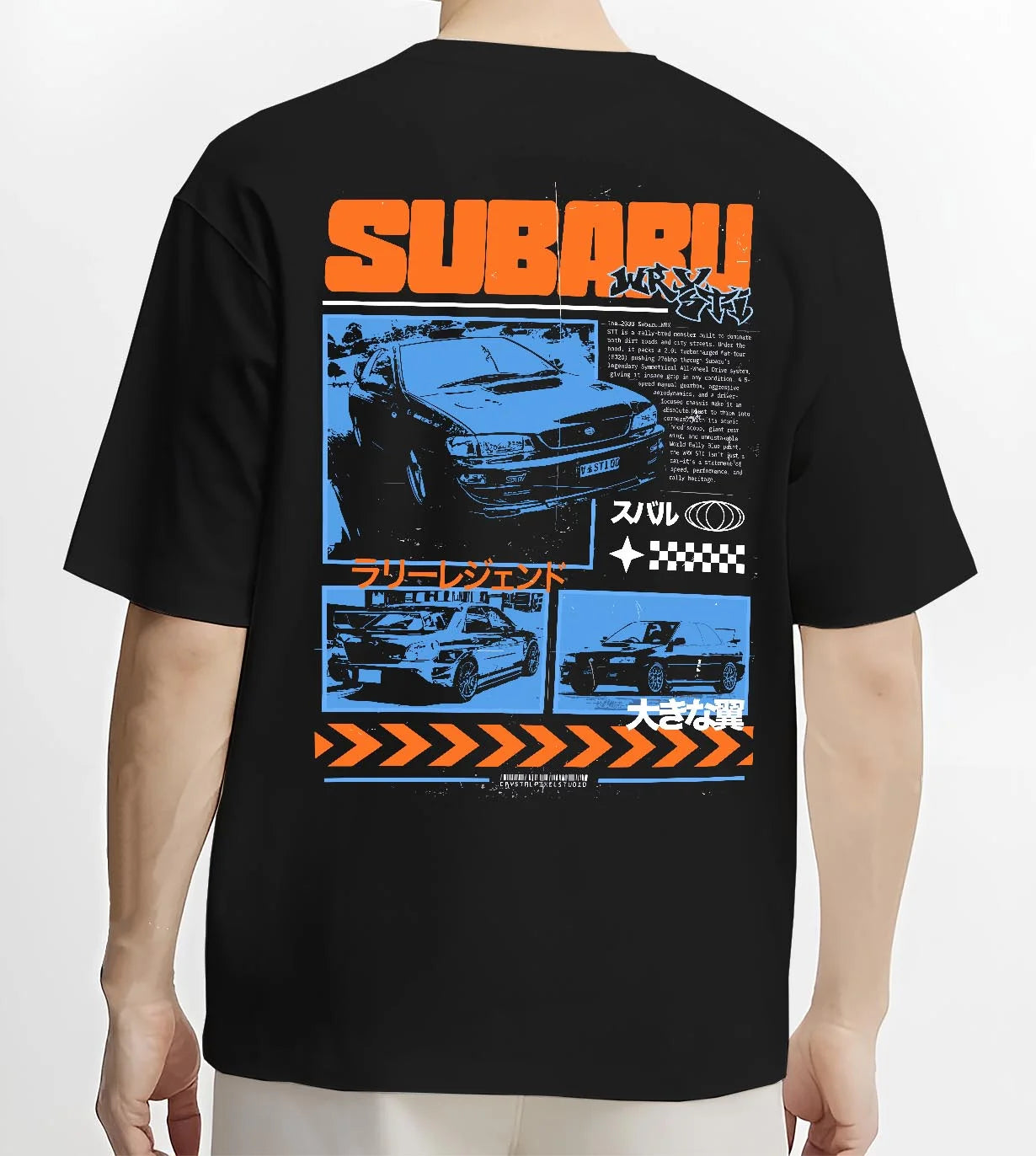 Black T-shirt worn by a male model, back view, featuring Subaru WRX STI sti wrx turbo racing drift rally jdm japanese graphic.