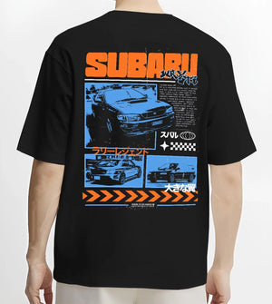 Black T-shirt worn by a male model, back view, featuring Subaru WRX STI sti wrx turbo racing drift rally jdm japanese graphic.