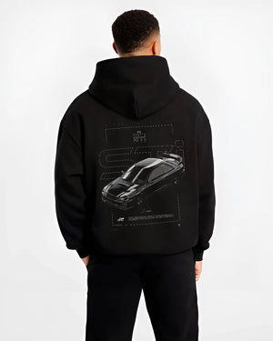 Black hoodie worn by a male model, back view, featuring SUBARU WRX type r sti drift rally jdm japanese street retro graphic.