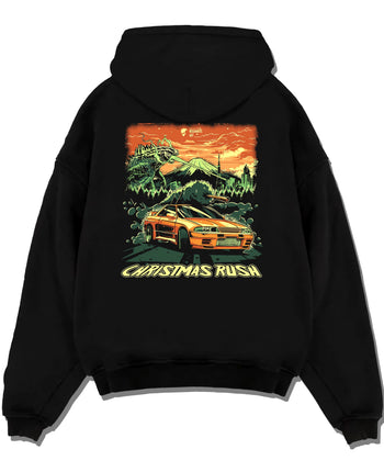 Black pullover hoodie laid flat on a white background, featuring SKYLINE r32 drift jdm street monster racing performance graphic.