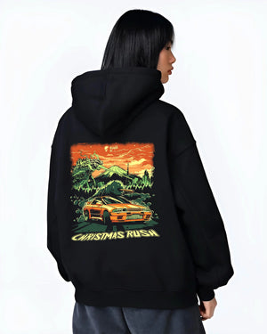 Black hoodie worn by a female model, back view, featuring SKYLINE r32 drift jdm street monster racing performance graphic.