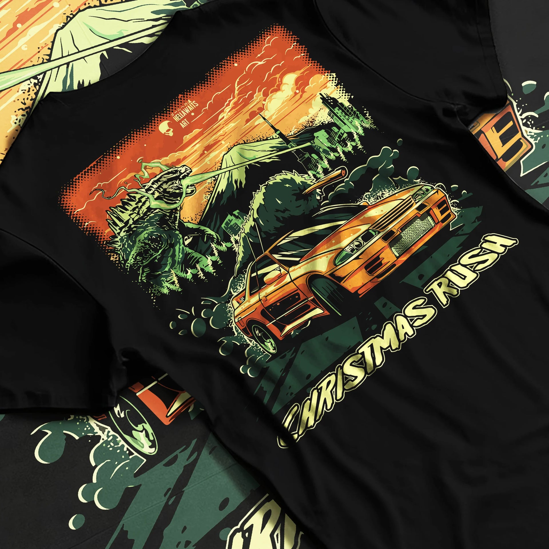 Black T-shirt laid flat with natural fabric folds, featuring SKYLINE r32 drift jdm street monster racing performance graphic.