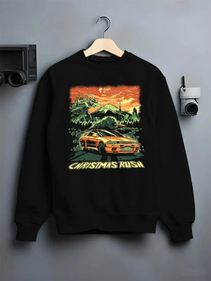 Black crewneck sweatshirt on a hanger against a grey wall, featuring SKYLINE r32 drift jdm street monster racing graphic.