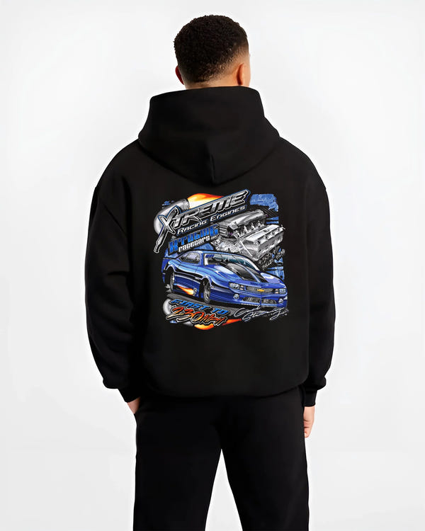 Black hoodie worn by a male model, back view, featuring turbo racing drag jdm muscle street performance motorsport graphic.