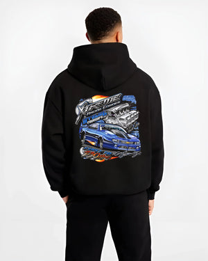 Black hoodie worn by a male model, back view, featuring turbo racing drag jdm muscle street performance motorsport graphic.