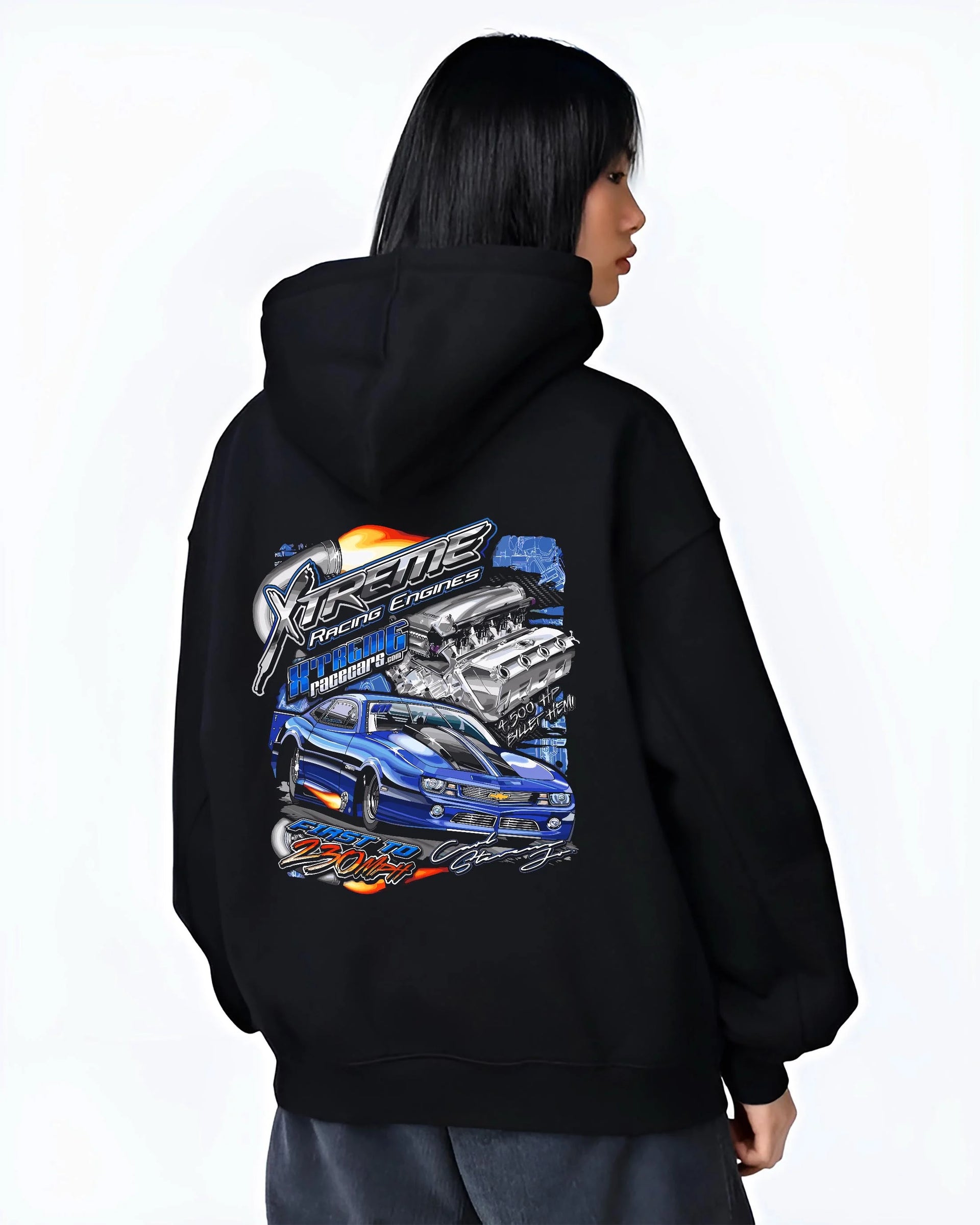 Black hoodie worn by a female model, back view, featuring turbo racing drag jdm muscle street performance motorsport graphic.