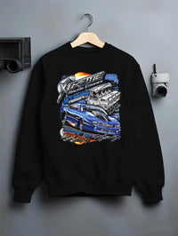 Black crewneck sweatshirt on a hanger against a grey wall, featuring turbo racing drag jdm muscle street performance graphic.