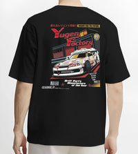 Black T-shirt worn by a male model, back view, featuring rs racing drift motorsport jdm street legend enthusiast graphic.