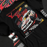 Black T-shirt laid flat with natural fabric folds, featuring rs racing drift motorsport jdm street legend enthusiast graphic.