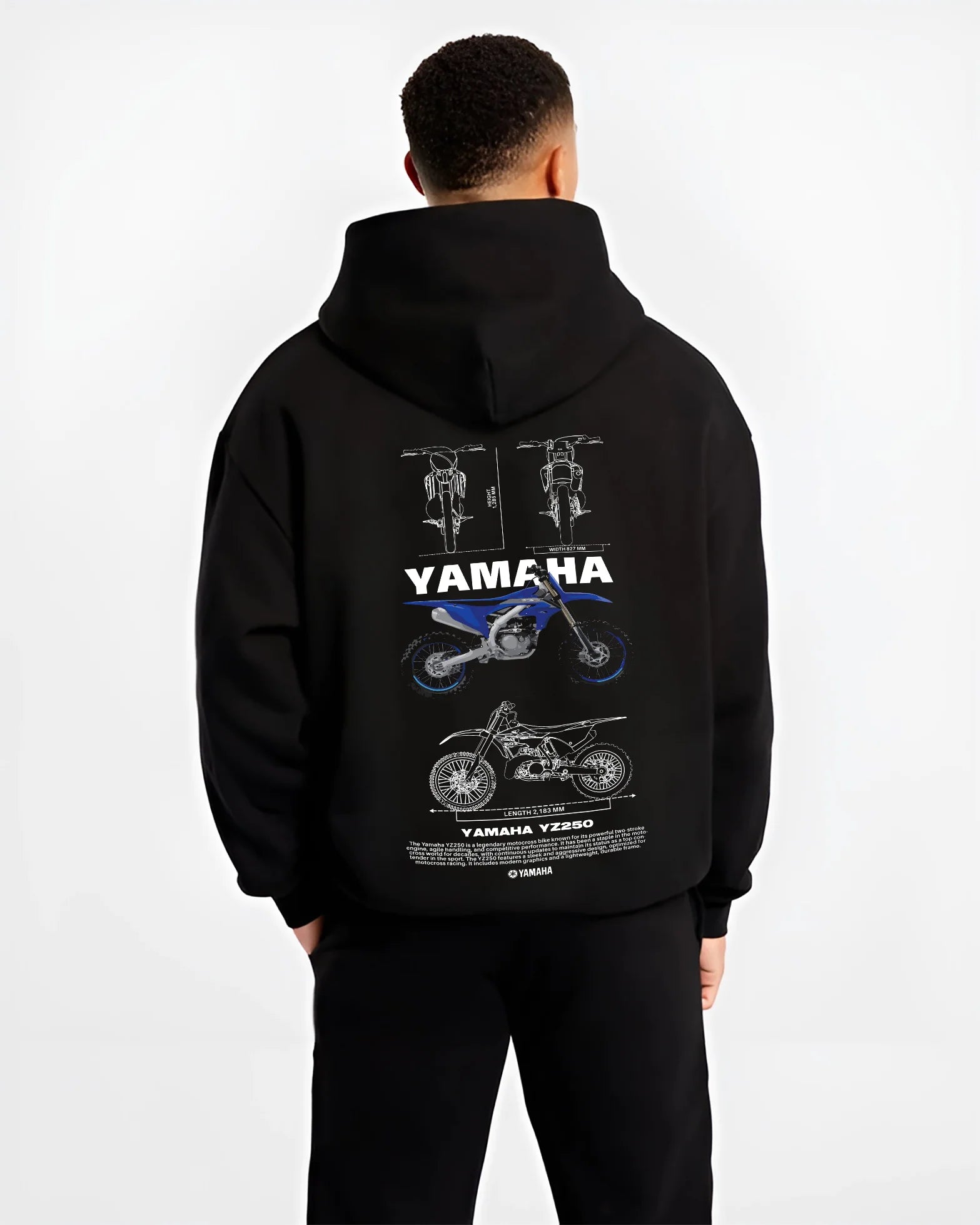 Black hoodie worn by a male model, back view, featuring Yamaha YZ250 racing street enthusiast performance motorsport graphic.