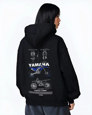 Black hoodie worn by a female model, back view, featuring Yamaha YZ250 racing street enthusiast performance motorsport graphic.