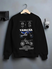 Black crewneck sweatshirt on a hanger against a grey wall, featuring Yamaha YZ250 racing street enthusiast performance graphic.