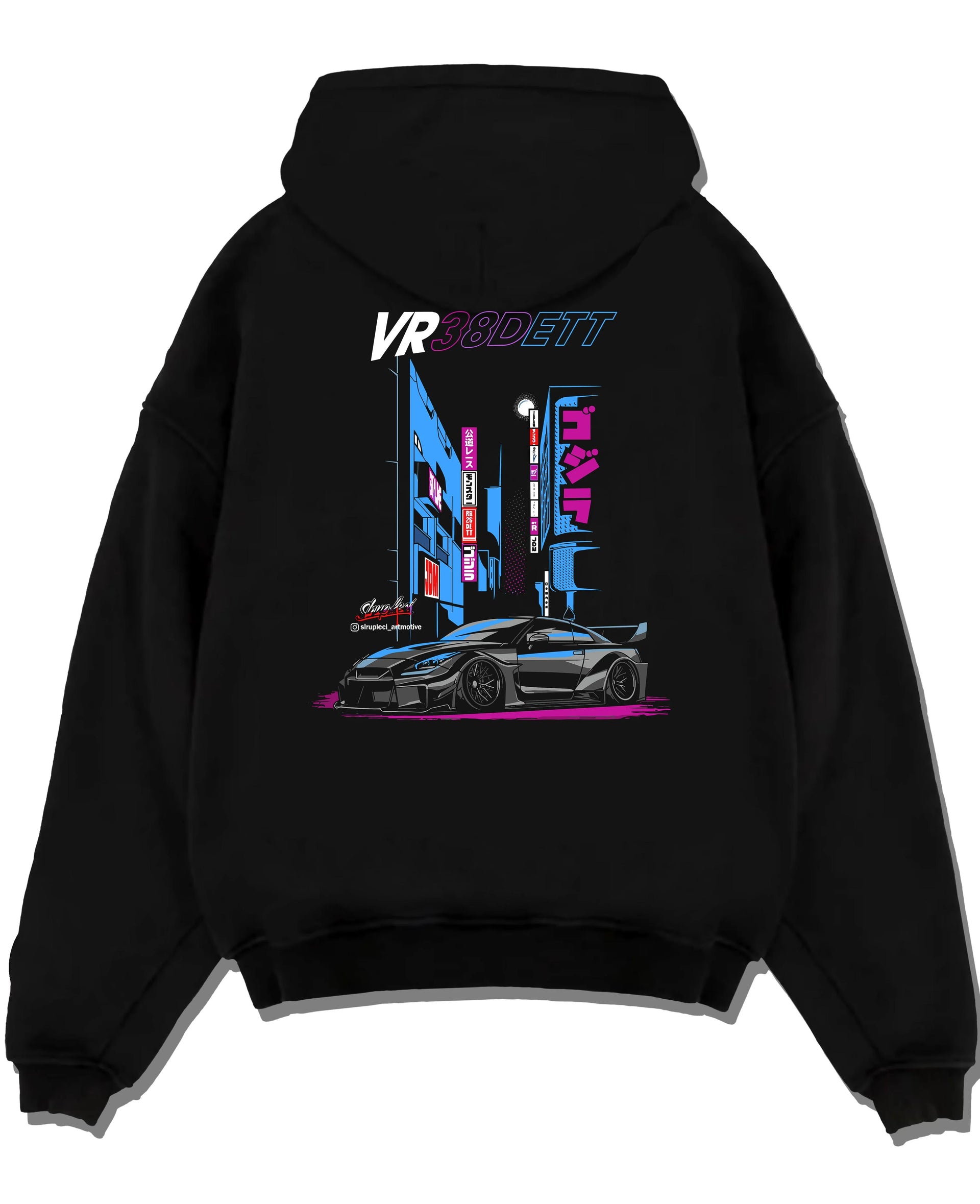 Black pullover hoodie laid flat on a white background, featuring Nissan 370Z turbo turbocharged racing drift jdm japanese graphic.