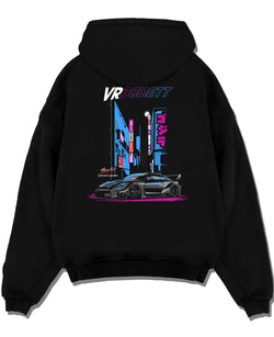 Black pullover hoodie laid flat on a white background, featuring Nissan 370Z turbo turbocharged racing drift jdm japanese graphic.