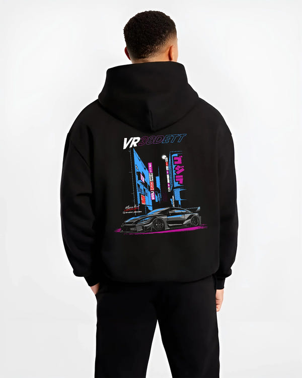 Black hoodie worn by a male model, back view, featuring Nissan 370Z turbo turbocharged racing drift jdm japanese street graphic.