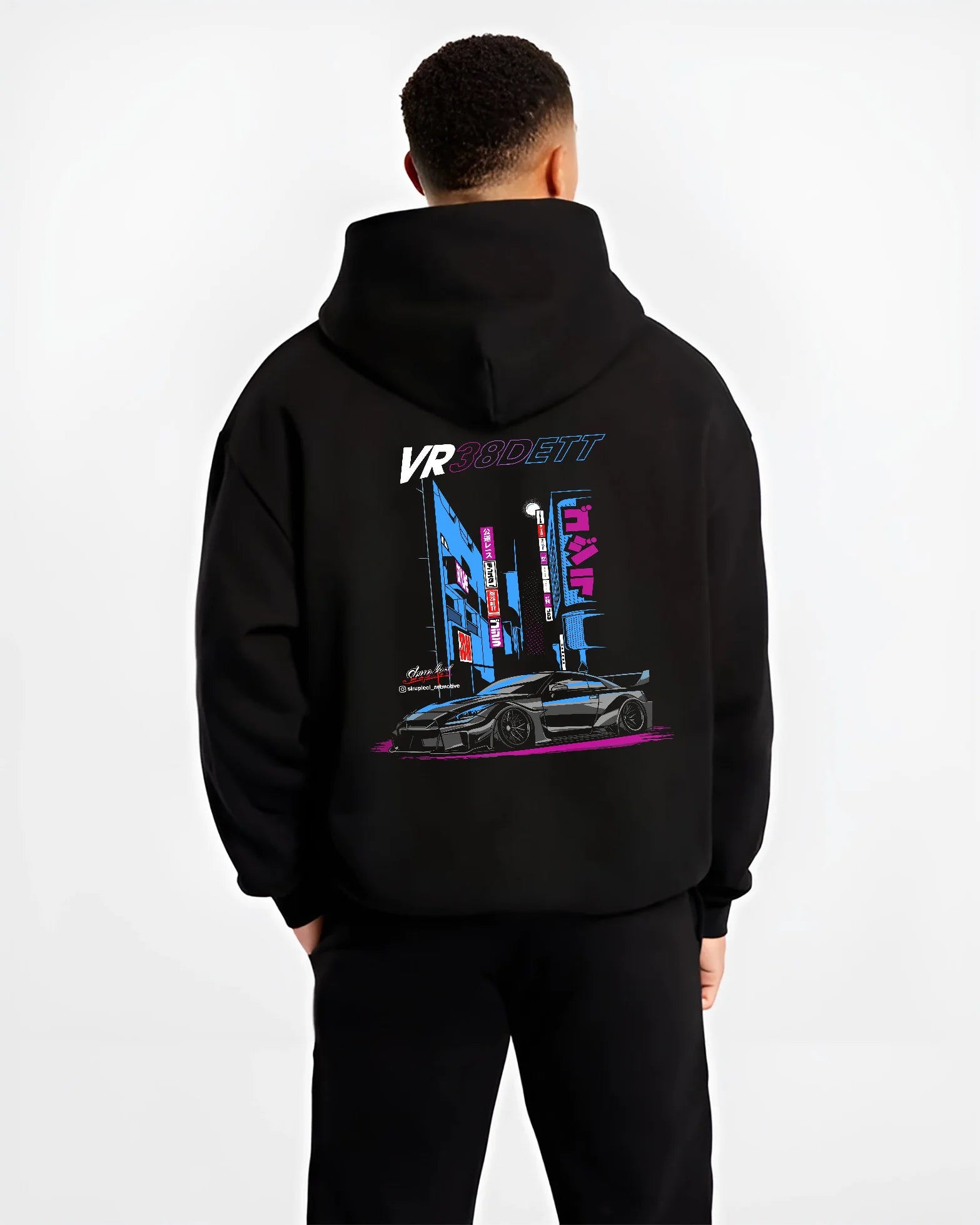 Black hoodie worn by a male model, back view, featuring Nissan 370Z turbo turbocharged racing drift jdm japanese street graphic.