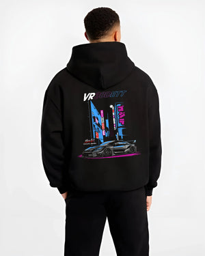 Black hoodie worn by a male model, back view, featuring Nissan 370Z turbo turbocharged racing drift jdm japanese street graphic.