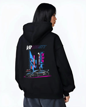 Black hoodie worn by a female model, back view, featuring Nissan 370Z turbo turbocharged racing drift jdm japanese street graphic.