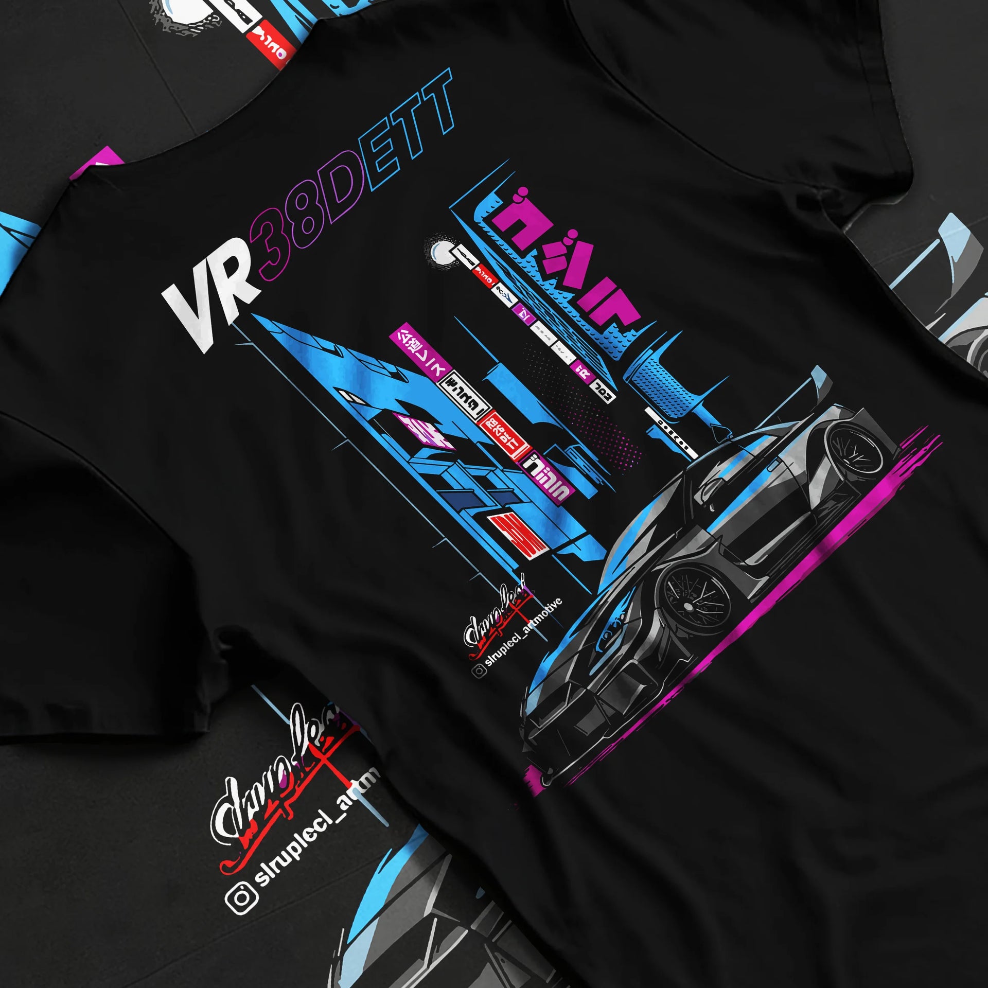 Black T-shirt laid flat with natural fabric folds, featuring Nissan 370Z turbo turbocharged racing drift jdm japanese graphic.