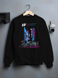 Black crewneck sweatshirt on a hanger against a grey wall, featuring Nissan 370Z turbo turbocharged racing drift jdm graphic.
