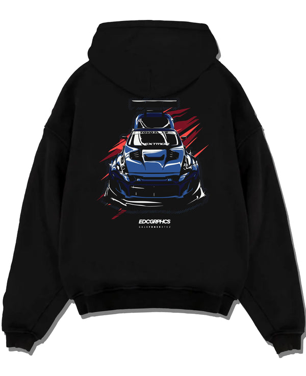 Black pullover hoodie laid flat on a white background, featuring Nissan 370Z turbo racing drift jdm tuner widebody street graphic.
