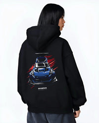 Black hoodie worn by a female model, back view, featuring Nissan 370Z turbo racing drift jdm tuner widebody street graphic.