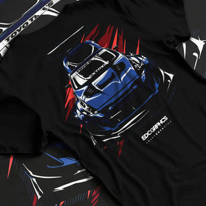 Black T-shirt laid flat with natural fabric folds, featuring Nissan 370Z turbo racing drift jdm tuner widebody street graphic.