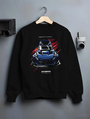 Black crewneck sweatshirt on a hanger against a grey wall, featuring Nissan 370Z turbo racing drift jdm tuner widebody graphic.