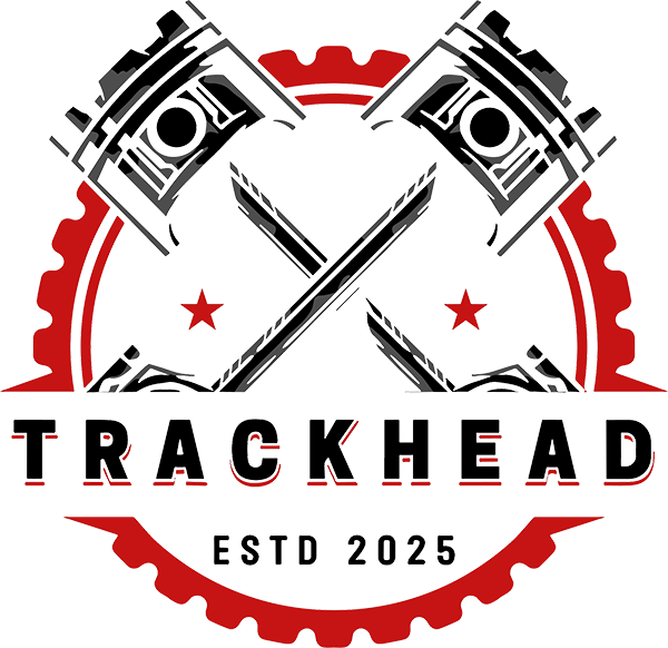 Black and red Trackhead logo featuring crossed pistons and gear emblem, symbolizing JDM car culture and racing spirit.