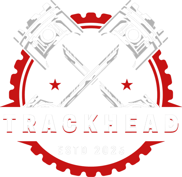 White and red Trackhead logo with crossed pistons and gear outline, representing performance, tuning, and car passion.